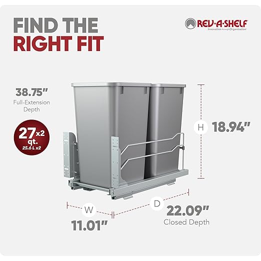 Rev-A-Shelf Double Pullout Trash Can for Base Kitchen Cabinets 27 Quart 12.5 Gallon with Soft-Close Slides, Metallic Silver, 53WC-1527SCDM-217