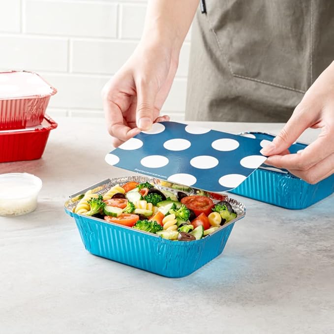 Restaurantware-12 Ounce Disposable Takeout Containers, 50 Rectangle Food Containers - With Polka Dot Lids, Blue Takeaway Containers, Aluminum Delivery Containers, Freezable