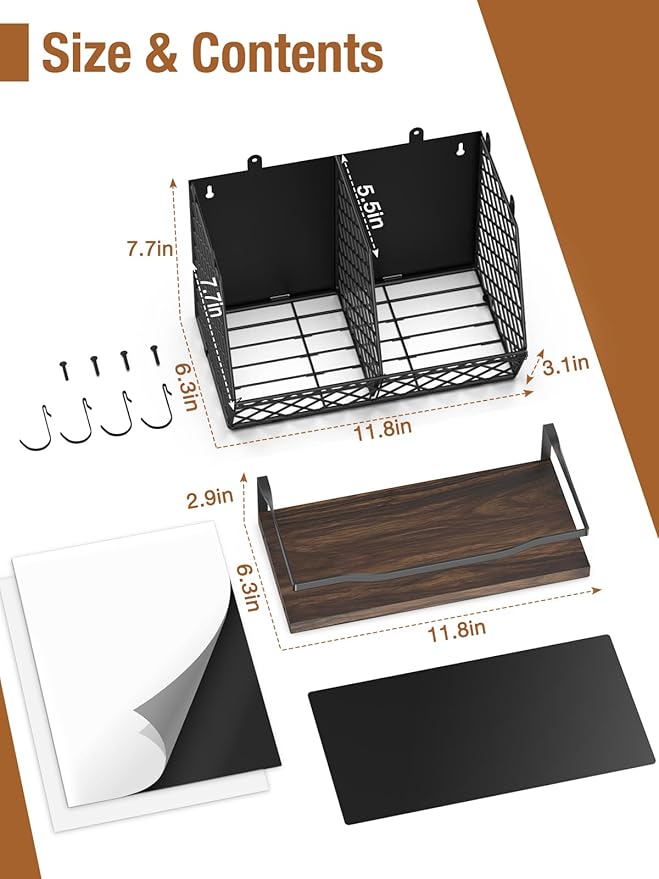 3-in-1 Magnetic Fruit & Vegetable Basket with Spice Rack Shelf for Fridge - Wall Mount Countertop Kitchen Wire Storage Organizer for Produce Potato Onion, Kitchen Essentials and Decor, Rustic