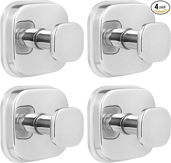 No-Drill Reusable Suction Cup Hooks, Towel, Robe, Loofah, Coat Hook for Glass, Mirror, Tile, Shower, Bathroom, Kitchen & Metal (Smooth, Non-Porous Surfaces) (4, Chrome Polished)