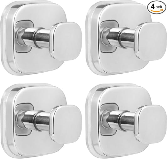 No-Drill Reusable Suction Cup Hooks, Towel, Robe, Loofah, Coat Hook for Glass, Mirror, Tile, Shower, Bathroom, Kitchen & Metal (Smooth, Non-Porous Surfaces) (4, Chrome Polished)