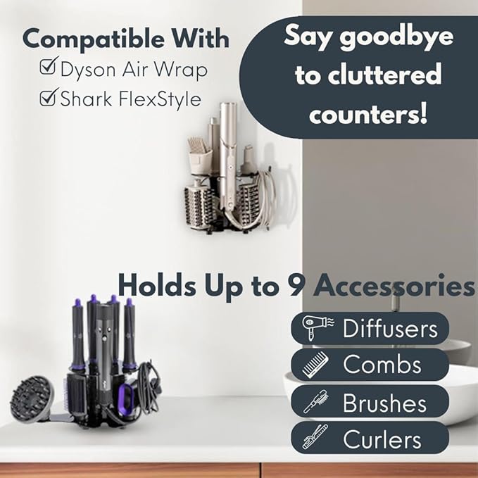 Blow Dryer Accessory Holder for Dyson Airwrap & Shark FlexStyle Only | Wall or Countertop Organizer for Hair Tools | Steel Storage Rack for Styling Attachments (Blow Dryer Not Included)