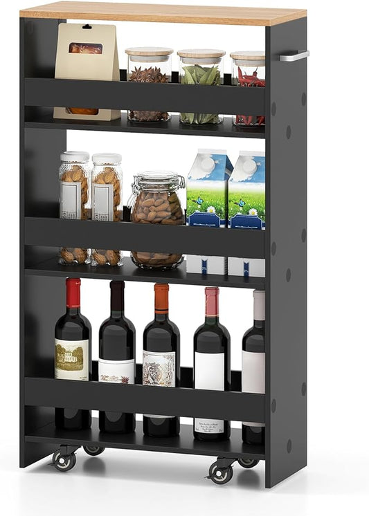 Small Kitchen Cart, 4-Tier Slim Rolling Island w/Handle, Laundry Room Storage Organizers Between Washer and Dryer, Narrow Spice Rack on Wheels Next to Fridge (Black, 8'')
