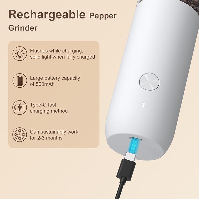 Ultrean Pepper Grinder, Rechargeable Salt and Pepper Grinder Set with 6 Adjustable Coarseness, LED Light, Automatic Grinder for Kitchen, House Warming Gifts New Home, White&Black