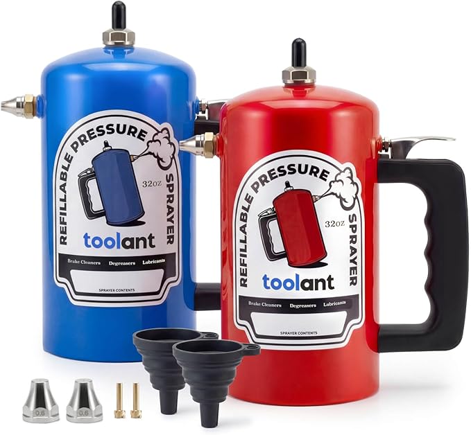 toolant 32 oz Refillable Pressurized Sprayer, Steel Canister, Rust-Resistant Lining, Needle Valve Leak-Resistant, 1.0/0.6 mm Nozzles, Funnel Included, 200 PSI Max, for Brake Cleaner & Solvents, 2 pcs
