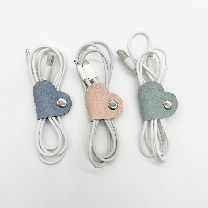 20 Pcs Heart Cord Organizer, PU Leather Cable Straps, Portable Cable Straps for Headphone, Cute Earphones Winder for Travel, School, Office (10 Colors)