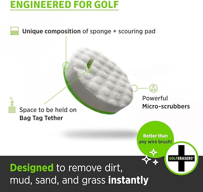 Instant Golf Eraser, Premium Dual-Sided Sponge - Golf Club Cleaner, Golf Ball Cleaner, Golf Club Groove Cleaner 6-Pack with Tether, 12-Pack Refill, Premium Embroidered Golf Towel with Clip