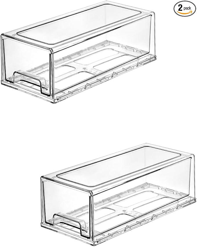 PeJeyiee 2 Pack Stackable Pull-Out Storage Drawers，Plastic Clear Organizer Bins with Handles，Easily Clean for Craft, and Toy Organization，Kitchen Undersink，Cabinet，Fridge，Closet，Pantry，Office，Bathroom