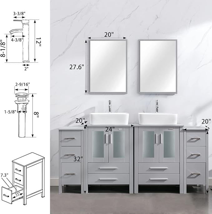 eclife 72" Modern Bathroom Vanity Sink Combo Freestanding Cabinet with Small Side Cabinet, White Rectangle Ceramic Vessel Sink, Water Save Faucet, Drain (Gray+T03)