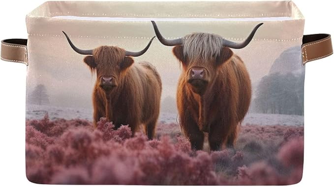 Storage Basket Two Highland Cows Storage Bin Cube with Handles Foldable Storage Baskets for Shelves Living Room Home Decor 1PC