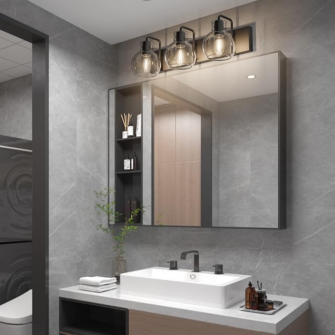 Tipace Industrial Bathroom Vanity Lighting Fixtures 3-Lights Farmhouse Matte Black Finish with Globe Clear Glass Vanity Lights Vintage Bath Lighting(Exclude Bulb)