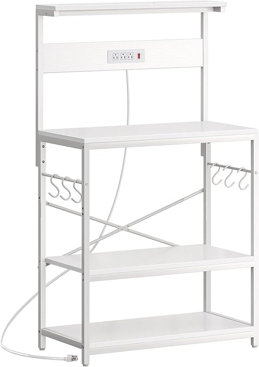 SUPERJARE Bakers Rack with Power Outlets, Microwave Stand, 31.5 X 16.5 Inch Larger Desktop, Kitchen Storage Rack with Adjustable Middle Shelf, 6 S-Shaped Hooks, Coffee Bar Stand, White