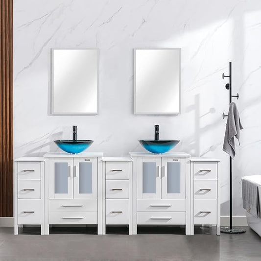 eclife 84" Modern Bathroom Vanity Sink Combo Freestanding Cabinet with Small Side Cabinet, Turquoise Square Glass Vessel Sink, Water Save Faucet, Drain (White+A10)