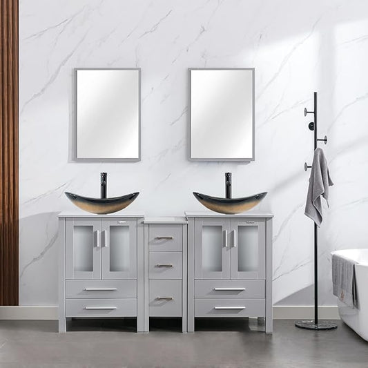 eclife 60" Modern Bathroom Vanity Sink Combo Freestanding Cabinet with Small Side Cabinet, Champagne Boat Glass Vessel Sink, Water Save Faucet, Drain (Gray+A29CH)