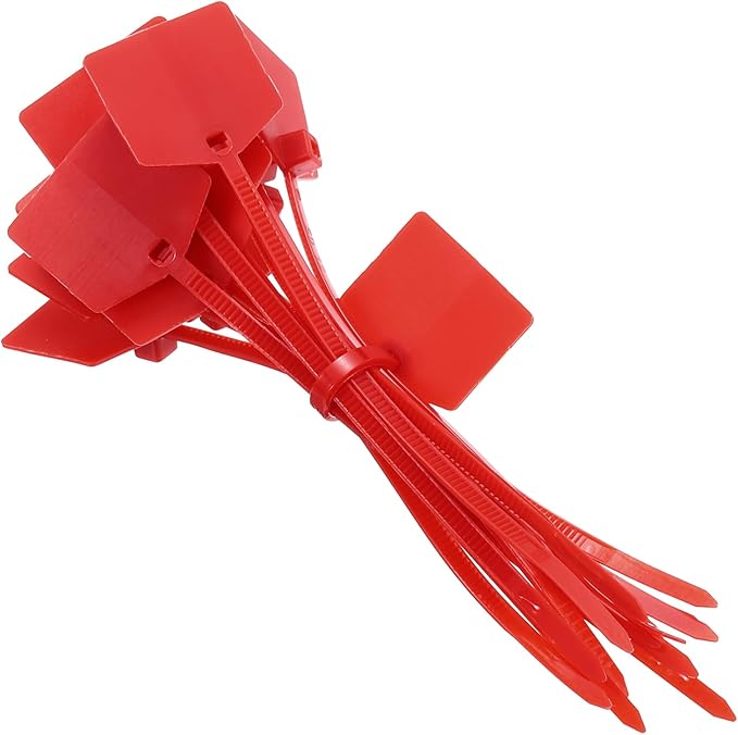 MECCANIXITY 100Pcs 4.7 Inch Waterproof Shipping Tags 0.12" Nylon Writable Hanging Tags Self Locking Labels Zip Tie Wraps for Indoor and Outdoor, Red