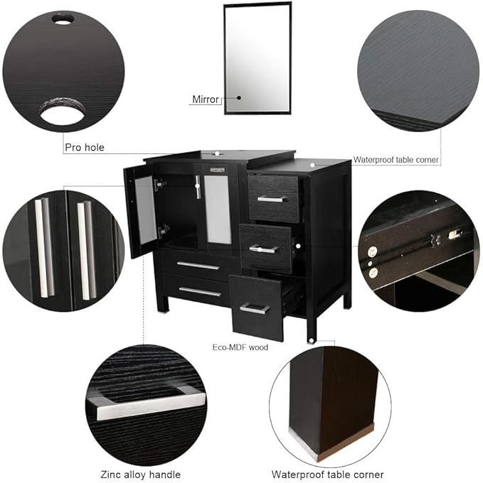 eclife 60" Modern Bathroom Vanity Sink Combo Freestanding Cabinet with Small Side Cabinet, White Black Ceramic Vessel Sink, Water Save Faucet, Drain (Black+T03BK)