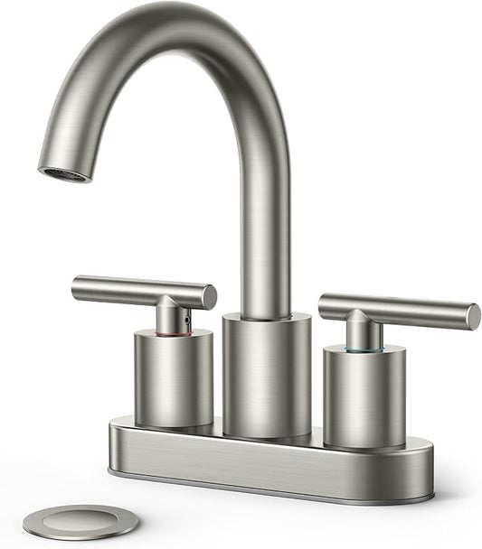 FORIOUS Brushed Nickel Bathroom Faucet 2 Hole, 4 Inch Centerset Bathroom Sink Faucet Brushed Nickel with Pop-up Dain, 24" CUPC Hoses, 360° Swivel Gooseneck for RV Basin