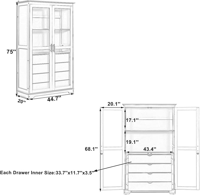 Kitchen Pantry Cabinet 44.7Wx20Dx75H inch, Freestanding Storage Display Cabinets with Glass Doors and 4 Built-in Drawers for Living Room, Home Office,Blue