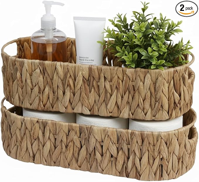 Toilet Paper Storage, Basket with Handles, Bathroom Decor, Wicker Basket, Storage Basket for Organizing, Empty Gift Basket, Shelves, Back of Toilet Basket (14.2" × 6.3" × 3.9")