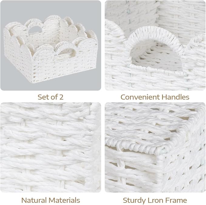 Scalloped Wicker Basket Natural Paper Rope Storage Baskets with Handles Handwoven Organizer Bin Wicker Storage Baskets for Home Decor, Organizing, 2 Pack (White)