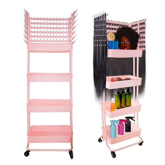 Braiding Hair Rack with 196 Pegs, Hair Extension Holder with 4 Tiers Storage Cart, Elegent Pink Braiding Rack Stand for Hair Braider, Sturdy Hair Rack for Salon, Home, Beauty School