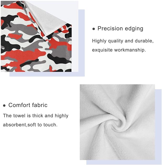 3 Piece Red Black Camo Bath Towels Set,Microfiber Decorative Camouflage Military Army Hunting Themed White Gray Bathroom Towels,1 Bath Towel 1 Hand Towel for Kitchen,1 Washcloth for Body Face