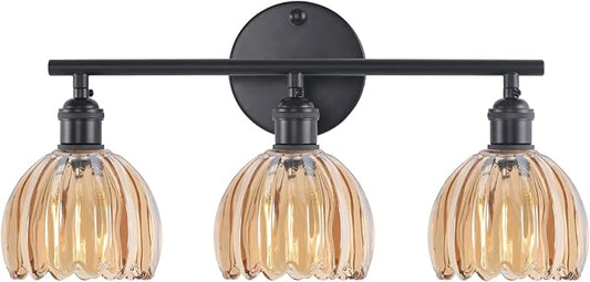 Bathroom Light Fixtures, 3-Light Black Vanity Wall Light Over Mirror with Amber Tulip Glass Shade for Bedroom Living Room (Bulb Not Included)