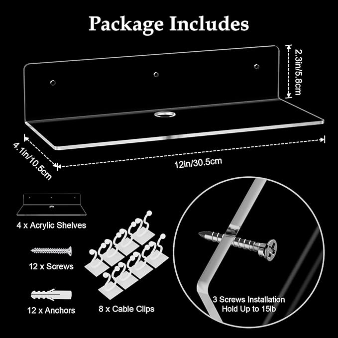 12" Clear Acrylic Floating Shelves, 4 Pack with Cable Clips, Small Floating Shelf for Expand Wall Display Space in Living Room, Bathroom, Gaming Room, Dorm Decor