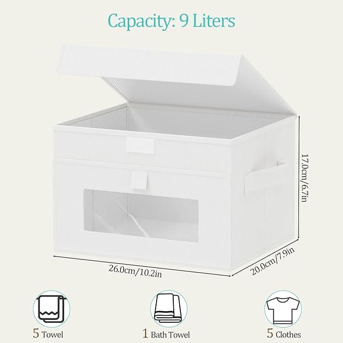 Storage Bins with Lids, Cube Organizer Basket with Window, Closet Boxes with Carrying 2 Handles and Sturdy PP Support Plate, 2 Pack, White, 10.2 x 7.9 x 6.7 In, XSNY17WS-2
