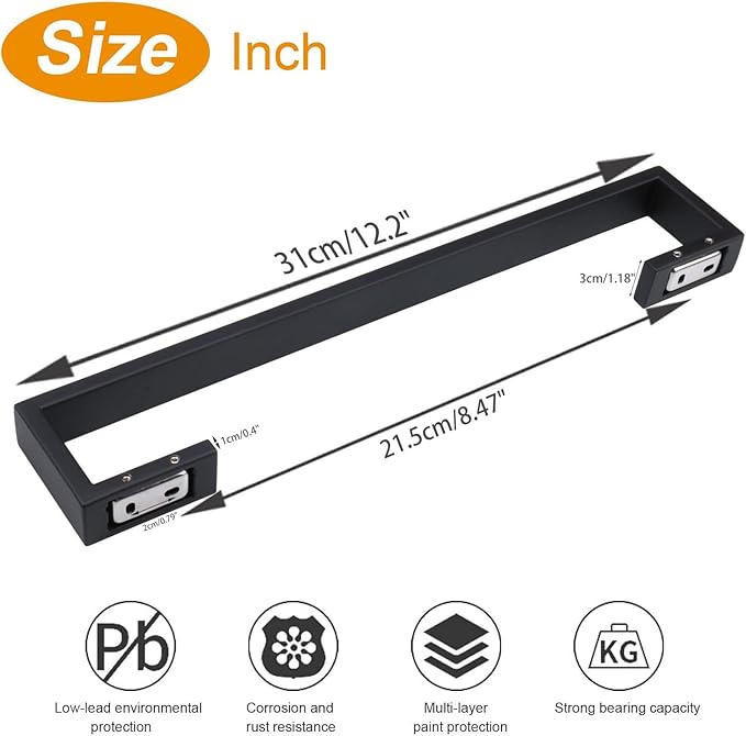 TocTen Bath Towel Rack - 2 Pack Square Base Thicken SUS304 Stainless Steel Towel Bar for Bathroom, Bathroom Bar Accessories Towel Rod Heavy Duty Wall Mounted Towel Holder(Matte Black, 12 Inch)