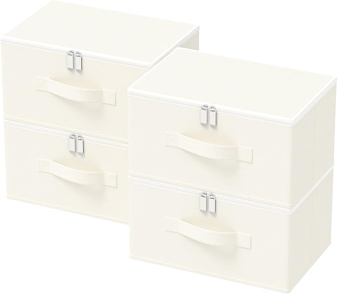 Storage Bins with Zipper, Cube Organizer Basket with Lid, Collapsible Stackable Closet Boxes, for Home and Bedroom, 4 Pack, Beige, 11.8 x 7.9 x 6.3 In, XSNY16BES-4