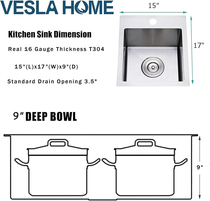 15 x 17 Inch Drop in Bar Sink, Single Bowl Topmount Small Kitchen Sink, 304 Stainless Steel Bar or Prep Sinks, Brushed Nickel