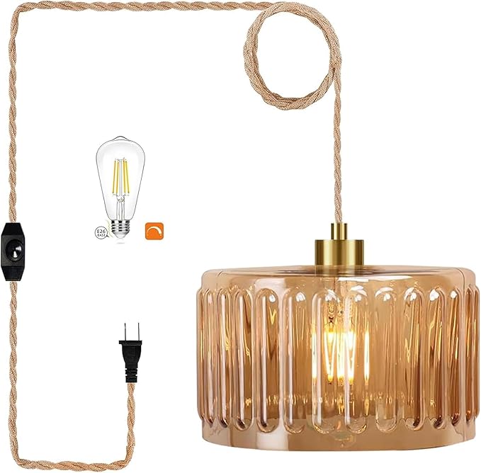 Plug in Pendant Light Hanging Lights with in Cord Mid Century Modern Gold Hanging Lamp Flower Glass Amber Vintage Dimmable Chandelier Ceiling Fixture for Living Room,Kitchen,Boho