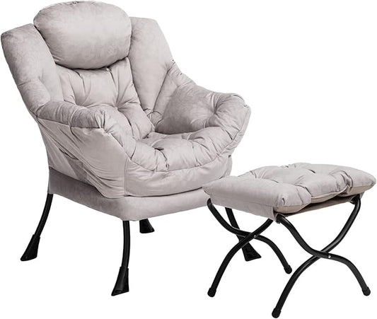 HollyHOME Lazy Chair with Foldable Ottoman, Accent Comfy Lounge Armchair and Folding Footrest Stool, Leisure Sofa Reading Chair and Footstool for Living Room, Bedroom, Dorm,Textured Grey