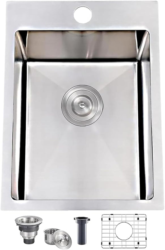 VESLA 15x20 Inch Bar Sink Drop In - Topmount 18 Gauge Stainless Steel Small Kitchen Sink, Single Bowl Brushed Finish for Laundry Wet Bar Prep RV Office Outdoor Yard Use with Bottom Grid & Drain