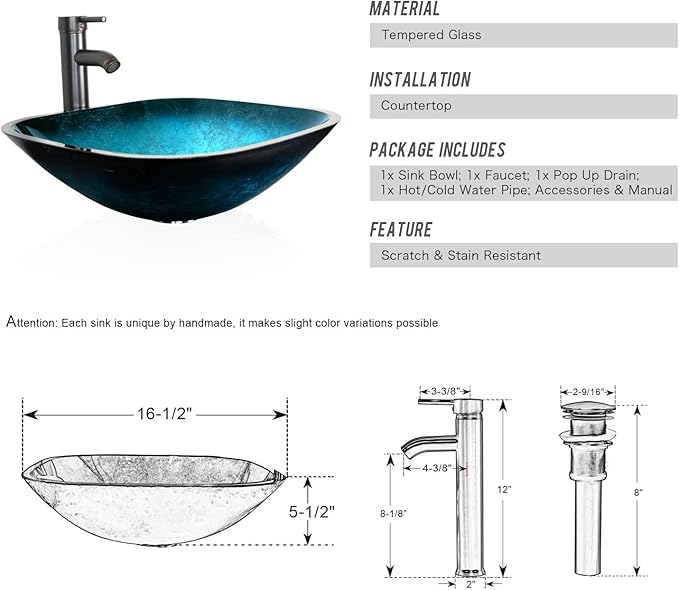 eclife 24" Bathroom Vanity Sink Combo Modern Metal Stand Cabinet W/Bottom Shelf Turquoise Square Vessel Sink & Water Save Faucet & Pop Up Drain, Oak (A10)