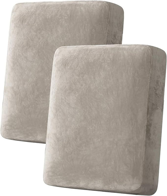 H.VERSAILTEX Velvet Stretch Couch Cushion Cover Plush Cushion Slipcover for Loveseat Cushion Furniture Protector Seat Cushion Sofa Cover (2 Piece Medium Sofa Cushion Covers, Oatmeal)
