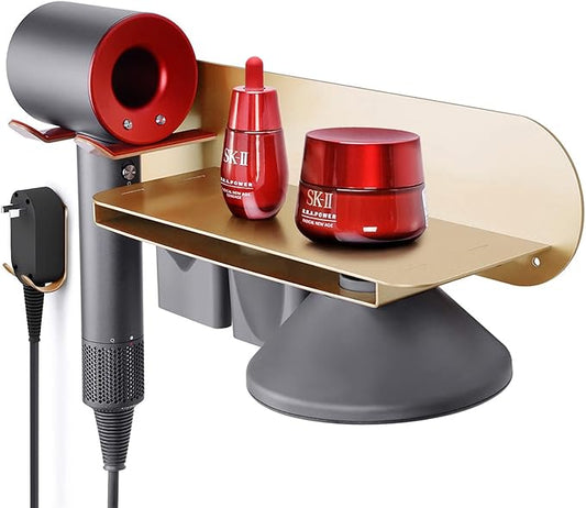FLE Hair Dryer Holder Wall Mounted with Shelf - Hair Dryer Holder Rack Organizer Compatible for Dyson Supersonic Hair Dryer,Gold