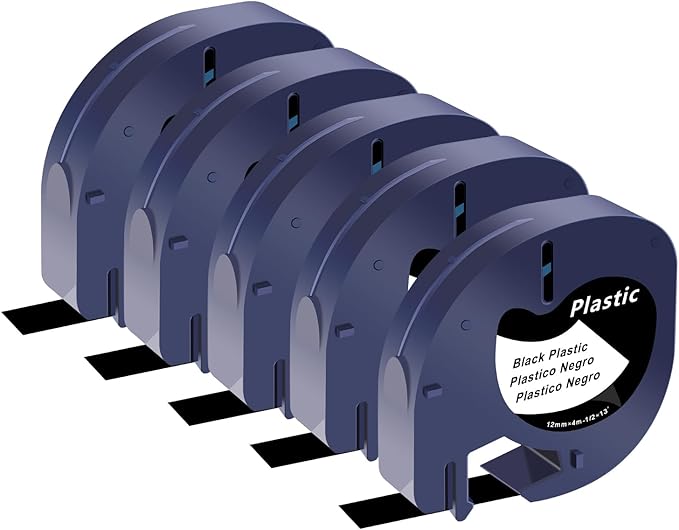 5 Pack LT Tape Compatible for Dymo Letratag Label Maker Refills 913318 White on Black Plastic Label Maker Tape 12mm x 4m (1/2" x 13') for Dymo LT Refills 200B LT100H LT100T LT110T