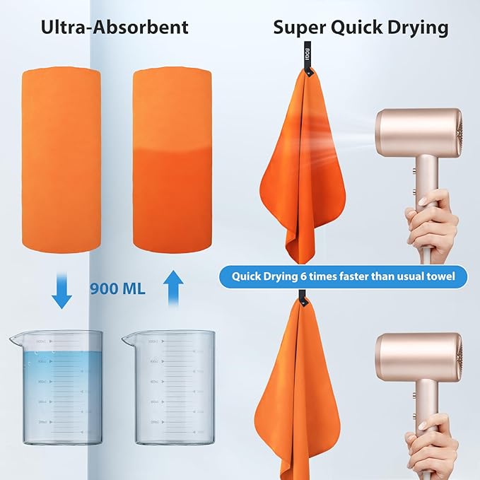 Microfiber Travel Sports Towel - Quick Dry, Soft Lightweight, Compact for Camping, Gym, Yoga, Swimming, Backpacking (XL:72''x32''+16''x16'' - Orange)