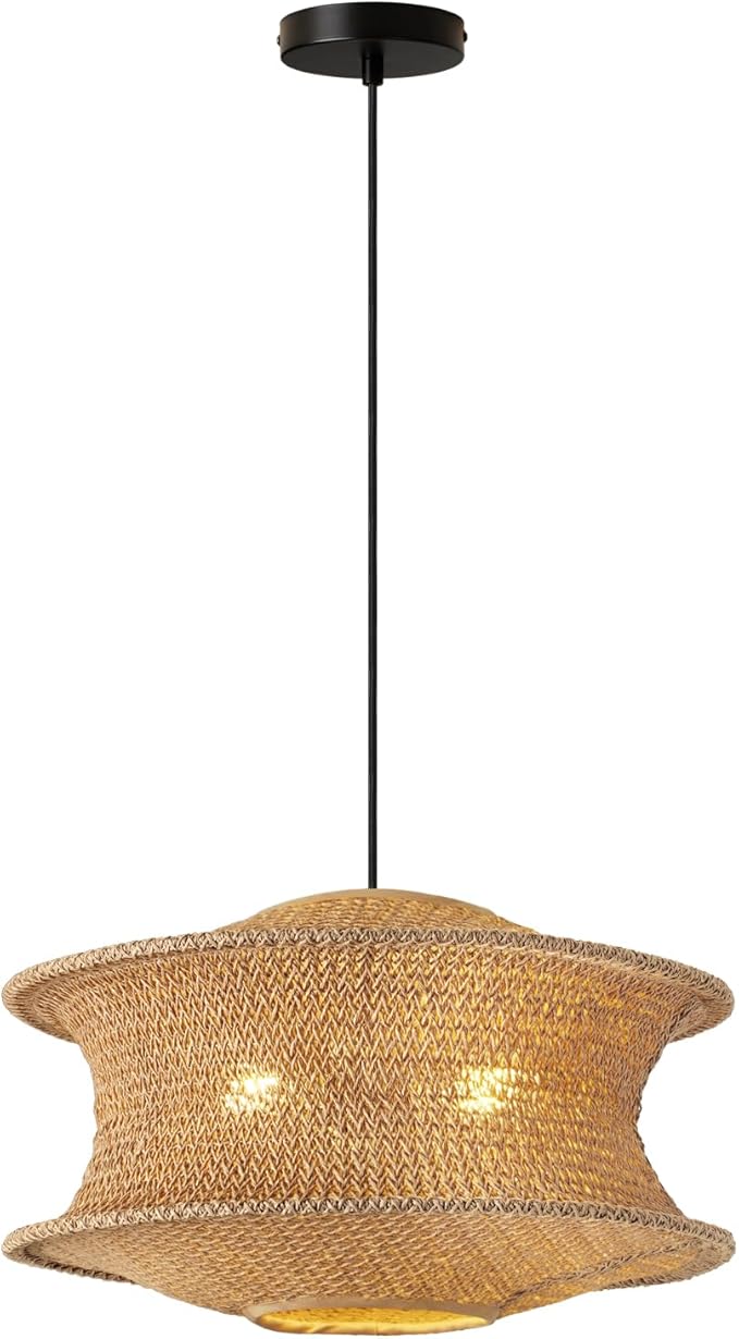 18" Boho Rattan Pendant Light Fixture, Large Woven Hanging Ceiling Lamp, Natural Farmhouse Chandelier for Dining Room, Kitchen Island, Living Room, Entryway, Rustic Foyer Lighting