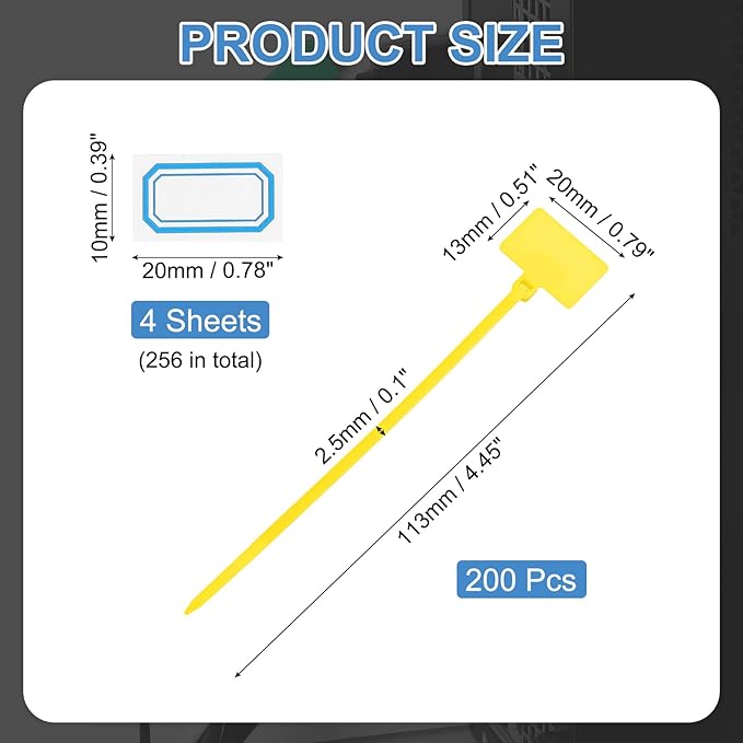 PATIKIL 4inch Zip Ties, 200pcs Cable Ties Tags Nylon Wire Marking Label Self Locking Plastic Straps Write on with Label Tags Paper for Organization Cord Network Ethernet Marking, Yellow
