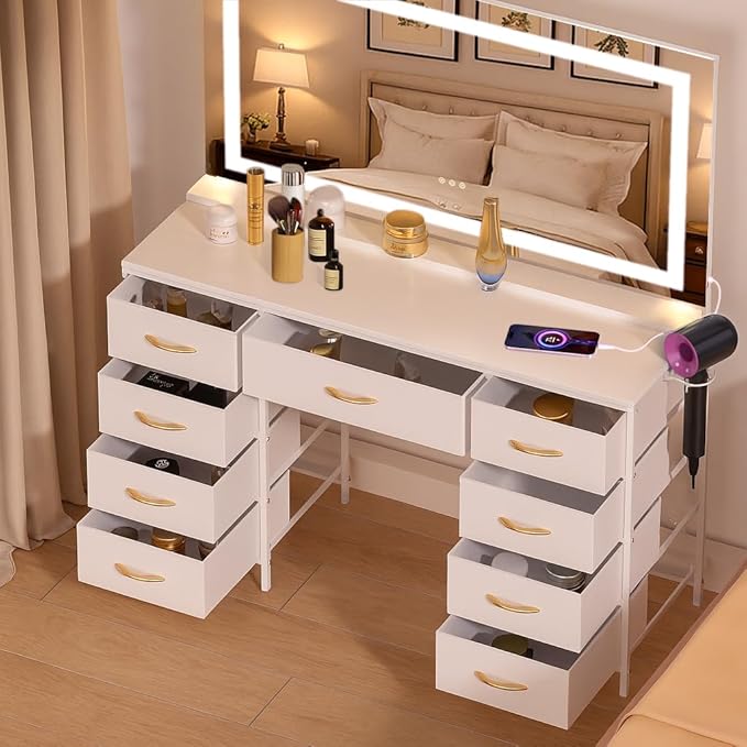 COMHOMA Vanity Desk with Large Mirror,LED and Power Outlet,Makeup Table with 9 Storage Drawersand HD Mirrors,3 Color Modes Adjustable Lighting for Bedroom Dressing Room (White, 47inch)
