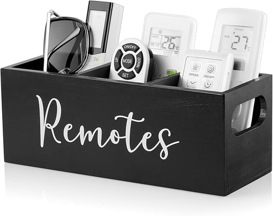 DRASTAR Remote Control Holder, Wood TV Remote Holder, Remote Storage Caddy, Remote Control Organizer (Black, 3 Slots)