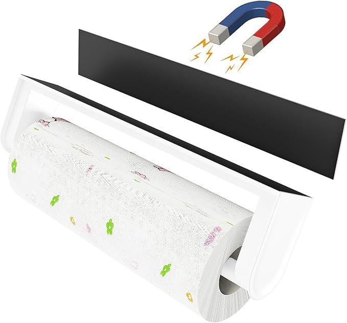 Magnetic Paper Towel Holder for Fridge,Toilet Paper Roll Holder Magnet Towel Rack Wall Mount Fridge Organizer for Paper Towels Rolls,Kitchen,Bathroom,Pantry,RV (White)