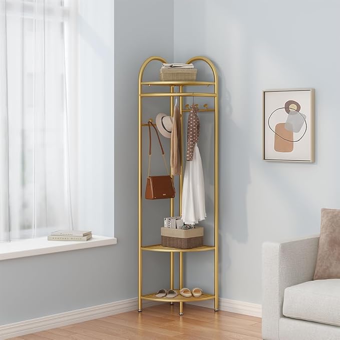 Metal Corner Coat Racks, Gold Clothing Racks Hall Tree, Freestanding Garment Rack with Hooks and Storage Shelf for Hallway, Entryway, Bedroom, Living Room, Office(Gold)