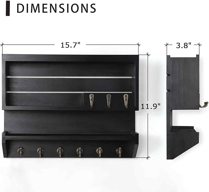 Innovation Premium Pine Wood Key Holder for Wall - Handcrafted Mail Organizer & Wall Mount Key Holder with 9 Sturdy Hooks, Finely Sanded & Hand-Sprayed Entryway Decor, Black
