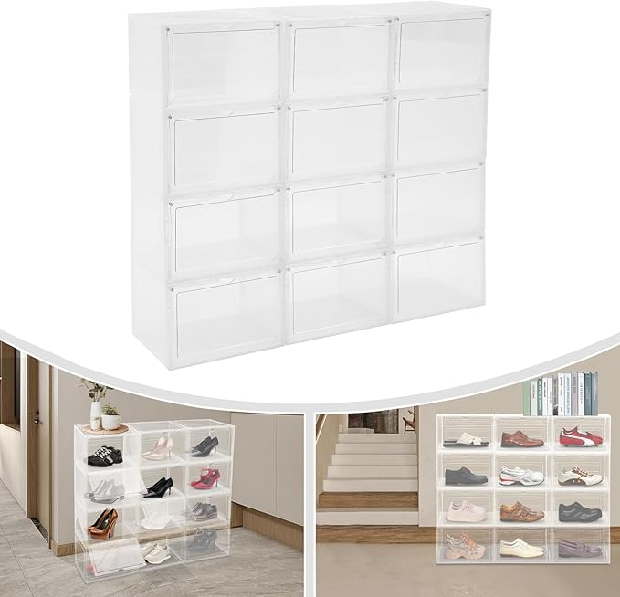 12 Pack Stackable Shoe Box,Semi-Transparent Plastic Sneaker Box,Free Standing Shoe Containers,Acrylic Shoe Display Case,Sneaker Storage,for Shoes,Clothes, Purses,13.39 * 10.63 * 8.66in (Clear)