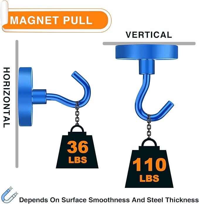 MIKEDE Strong Magnetic Hooks, 120Lbs Heavy Duty Magnetic Hooks for Cruise, Neodymium Earth Magnets with Hooks for Hanging, Super Metal Industrial Magnets for Grill, Storage (Blue,10 Pack)