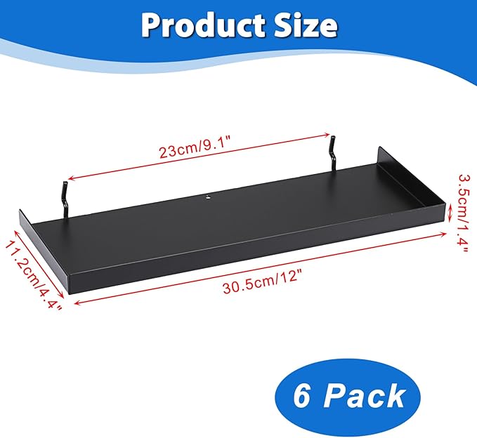Kokone 6 Pack Pegboard Shelves with Lip Around The Edge, 12x4 Flat Display Shelves for Pegboard Storing or Displaying, Wall Pegboard Shelves Accessories Steel Tray for Garage Workshop Craft Room